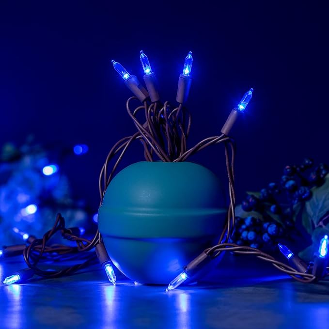 YULETIME 200 Blue LED Christmas Lights, 66 Feet Brown Wire UL Certified Commercial Grade Holiday String Light Set