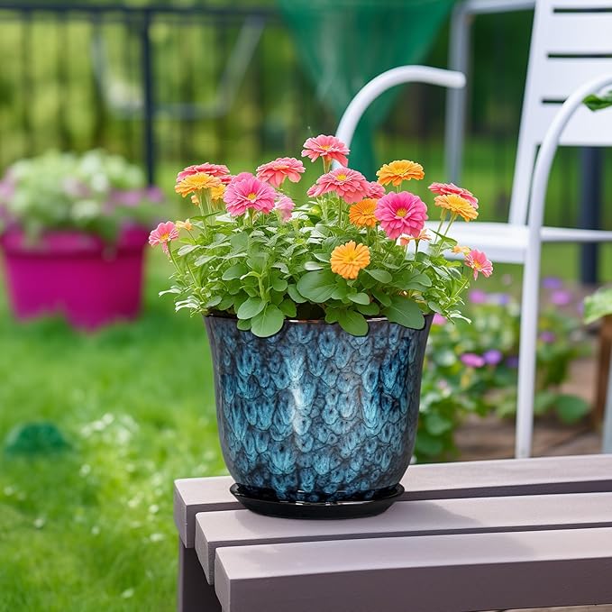 8 Inch Plant Pot - Ceramic Planter for Indoor Outdoor, Round Planter with Drainage Hole and Saucer, Modern Planters, Flower Pots, Apartment Porch Room Home Decor, Gardening Gifts, Blue