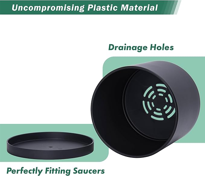 D'vine Dev 8 Inch Plastic Planter Pots for Plant Pot with Drainage Hole and Seamless Saucers, Black Color, 74-X-B-1