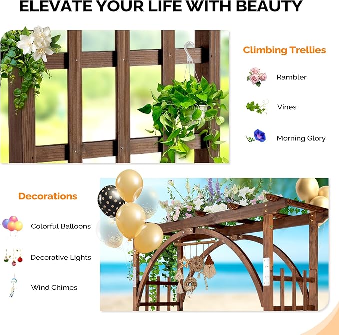 VINGLI 85in Wooden Arbor, Wedding Arch for Ceremony, Wood Trellis for Plant Climbing, Christmas Decor Pergola for Garden Backyard, Lawn (Carbonized Wood)