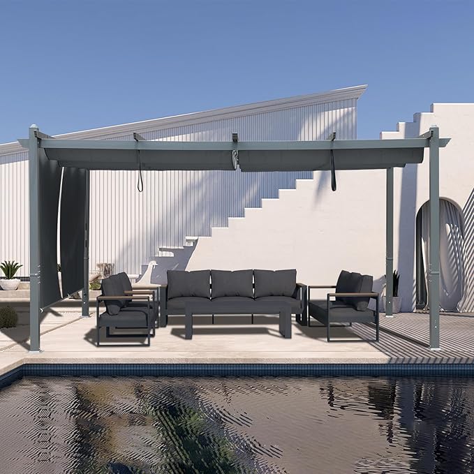 BPS 12x16 FT Outdoor Pergola - Retractable Shade Canopy with Aluminum Frame & Roller Shade Curtains for Patio, Backyard, or Deck, Gray