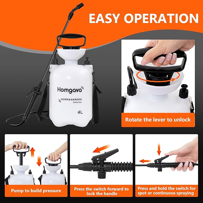1 Gallon/4L Pump Sprayer, Pressurized Water Spray Bottle with 2 Nozzles, Adjustable Shoulder Strap & Safety Valve, Lawn and Garden Sprayer for Watering, Fertilizing, Cleaning