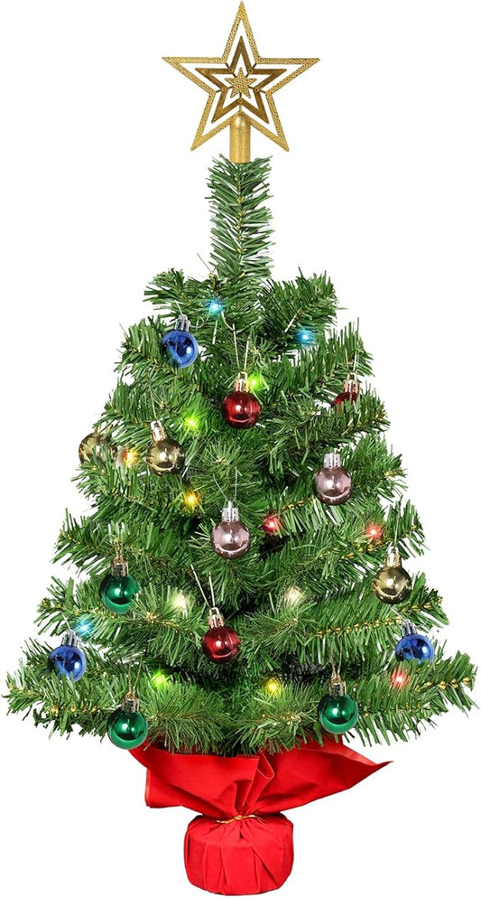 Uten Mini Christmas Tree 20 Christmas Balls and Small Christmas Tree Star, One Tree top Star 30 Warm White Lights 30 Colored Lights PVC with Cement Base Christmas Decorations for Home, Office, Party