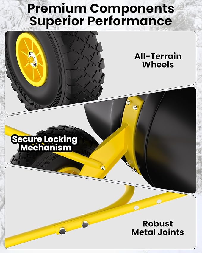 36" Snow Pusher Shovel with Wheels, Adjustable Ergonomic U-Handle Snow Plow for Driveway, Heavy Duty Wheeled Rolling Shovels for Driveway and Sidewalks with Angeled Blade