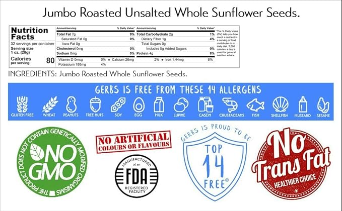 Jumbo Unsalted Sunflower Seeds In Shell by Gerbs – 2 LBS - Top 14 Food Allergen Free & NON GMO - Premium Dry Roasted Whole Sunflower Seed