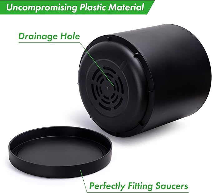 D'vine Dev 16 Inch Black Plastic Planter Pots for Plant Pot with Drainage Hole and Seamless Saucers, 74-X-B-5