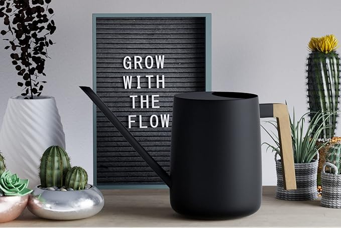 35 Ounce Metal Small Indoor Watering Can with Long Spout & Real Wood Handle for House Plants, Succulents, Cacti & Seedlings - Black Long Spout Watering Can Indoor Plants - Gentle Flow & No Spills