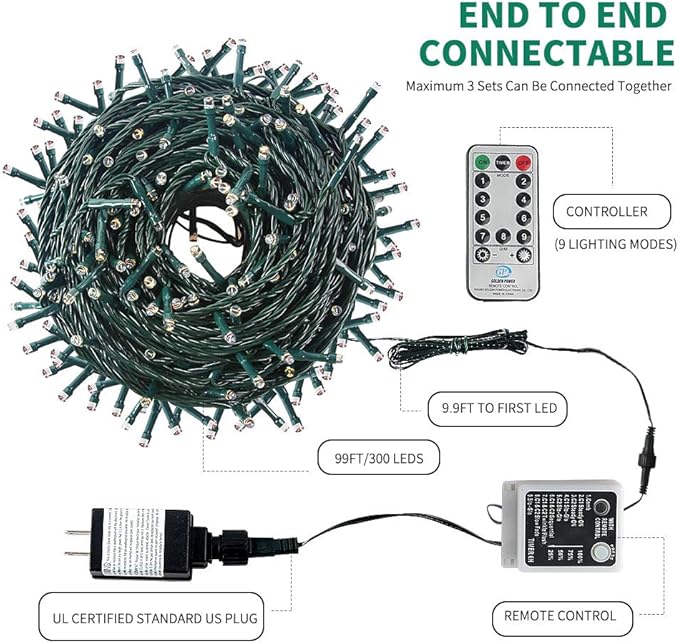Color Changing Christmas String Lights Outdoor Indoor, 108FT 300 LED Warm White Multi Color Fairy Light, END to END CONNECTABLE, Waterproof Christmas Tree Lights with Timer Remote