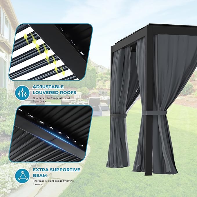 LVUYOYO Outdoor Louvered Pergola 10' x 10', Aluminum Pergola with Adjustable Roof, Waterproof Metal Gazebo with Curtains and Netting for Patio, Backyard, Garden, Deck (Black)