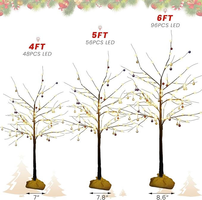 Lamerge Brown Lighted Birch Tree Set of 3, Christmas Decorations Birch Tree with Lights for Home Holiday Party, Indoor/Outdoor 4FT+5FT+6FT, Halloween Decorations