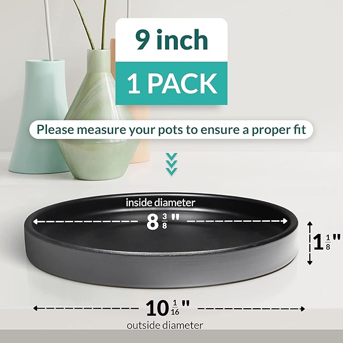 Heavy Duty Ceramic Black Plant Saucer - with Silicone Feet for Added Surface Protection - Scratch-Resistant Plant Drip Trays for Pots 8.3" at the Base or Less, Plant Plate, 7-8 Inch Plant Saucer