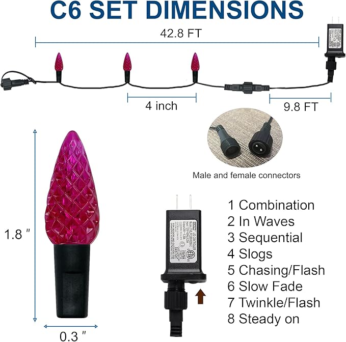 WATERGLIDE Halloween C6 String Lights, 33ft 100 LED Black Wire Fairy Lights with 29V Safe Adaptor, 8 Lighting Mode, Waterproof for Indoor Outdoor Patio Xmas Tree Party Decor, Purple