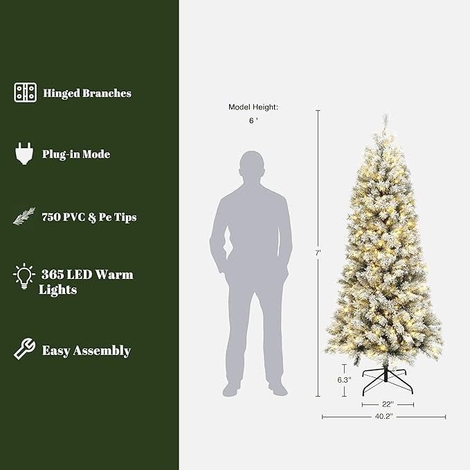 LuxenHome 7FT Flocked Christmas Tree, Slim Spruce Artificial Prelit Christmas Trees with Lights, Snow Flocked Xmas Tree with 365 LED Lights, Artificial Lighted Christmas Tree with Metal Stand