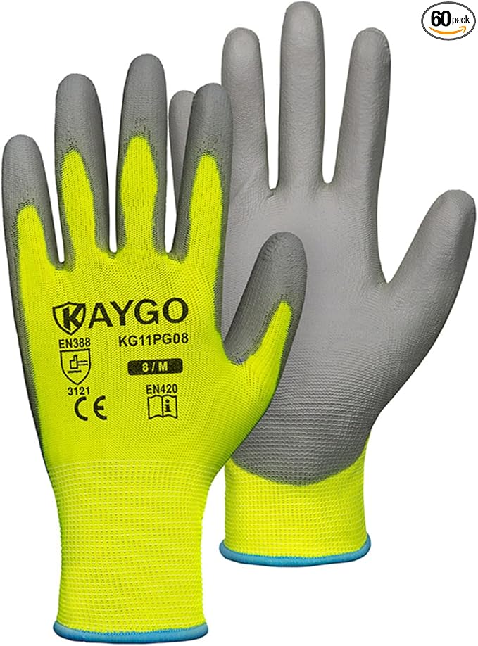 Safety Work Gloves for Men and Women PU Coated, 60 Pairs Seamless Knit Glove with Thin Polyurethane Coated Smooth Grip on Palm&Fingers, Ideal for General Light Duty Work, KG11PB Green,M