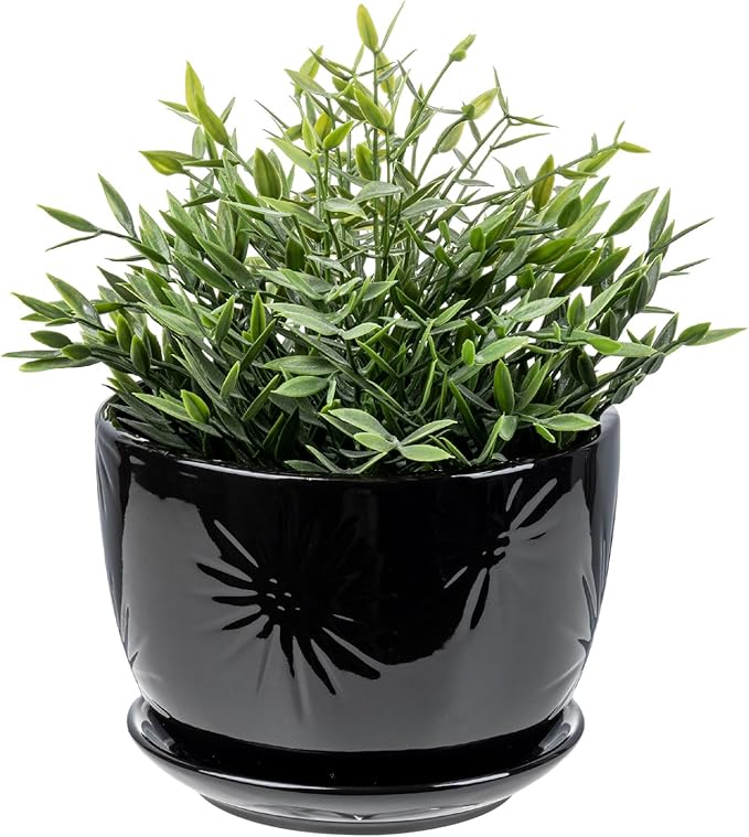 MyGift 7 Inch Glossy Black Ceramic Plant Pot with Drainage Hole and Attached Saucer, Modern Decorative Embossed Sunburst Planter Container for Indoor Home Garden