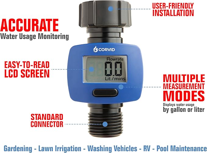 2-Pack Corvid Water Flow Meter with Brass Inlet Metal Thread, Measure Gallon/Liter Consumption and Flow Rate for Outdoor Garden Hose Watering, RV Water Tank Filling, Lawn Sprinkler and Nozzle Sprayer