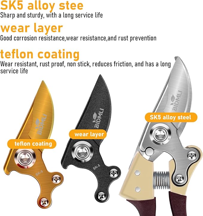 Heavy Duty Pruning Shears，Garden Scissors & Clippers with Red-BIDMLI 8.66" SK5 Steel Blades & Aluminum Alloy Handles, Tree Branch Cutter, Ideal for Thick Branches, Dry Twigs, Flower Pruning Tool.