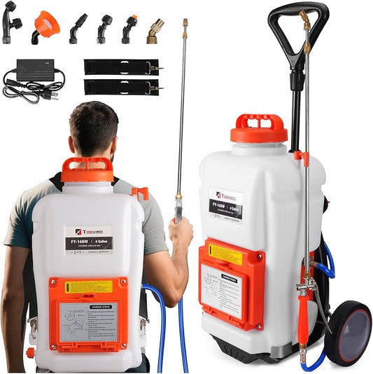 Toovem Battery Powered Backpack Sprayer 4 Gallon, Adjustable 0-94 PSI, 4FT Hose, 6 Nozzles, Weed Yard Sprayer with Wand, Electric Backpack Garden Sprayer with Wheeled Cart for Weeding, Long Spray Time