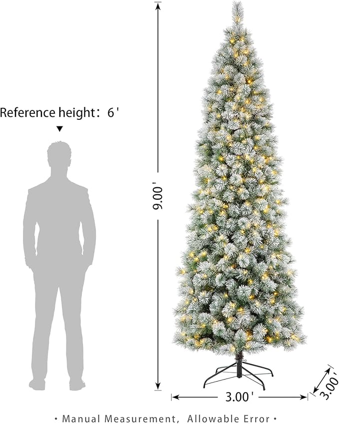Glitzhome 9ft Pre-Lit Flocked Artificial Christmas Tree, Portland Snowy Pine Pencil Christmas Tree with 450 LED Lights, 9 Functional Warm White/Multi-Color, Remote Controller