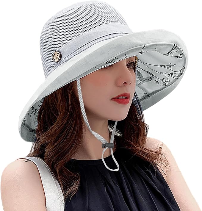 Women Wide Brim Sun Hats Metal Wired Edge Summer UV Protection Beach Fishing Hat for Hiking Garden Travel Chin Strap