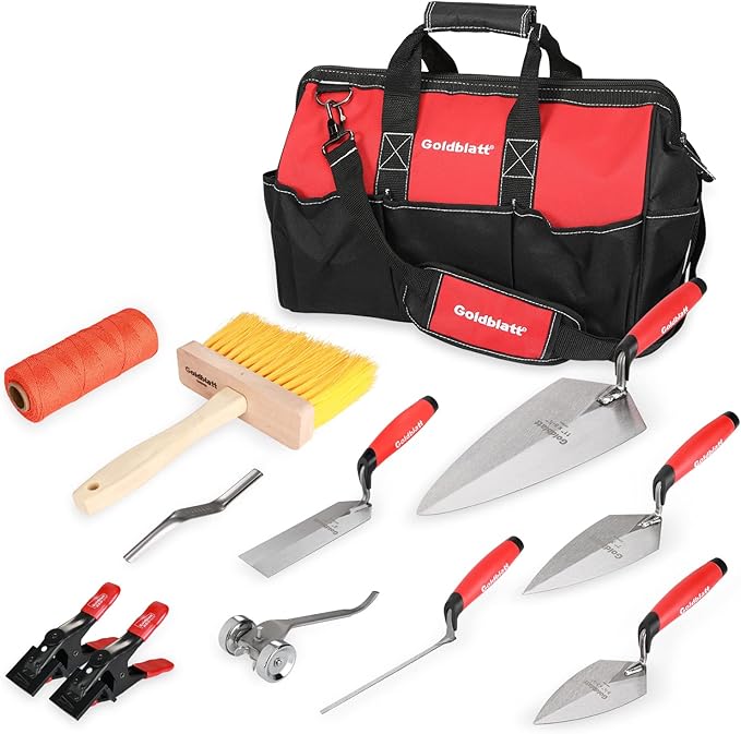 Goldblatt 12PC Masonry Hand Tool Set Organized in Tool Bag - Philadelphia/Pointing/Margin/Tuck Pointing Trowel, Skate Wheel Joint Raker, Convex Brick Jointer, String Line & Jag-clamp, Masonry Brush