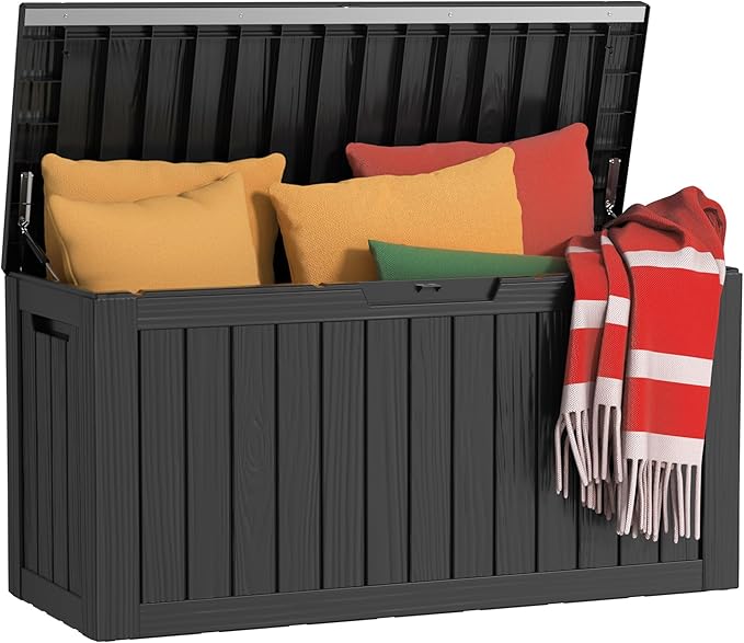 80 Gallon Outdoor Deck Box,Storage Lockable Waterproof Patio Furniture,Garden Tools,Cushions,Pool Accessories Outside Storage Resin Box(Black)