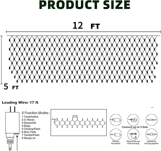 Dazzle Bright Christmas Net Lights, 360 LED 12FT x 5 FT Green Wire Waterproof Connectable String Lights with 8 Modes, Christmas Outdoor Light for Bushes Garden Party Wedding Holiday Decoration (Blue)