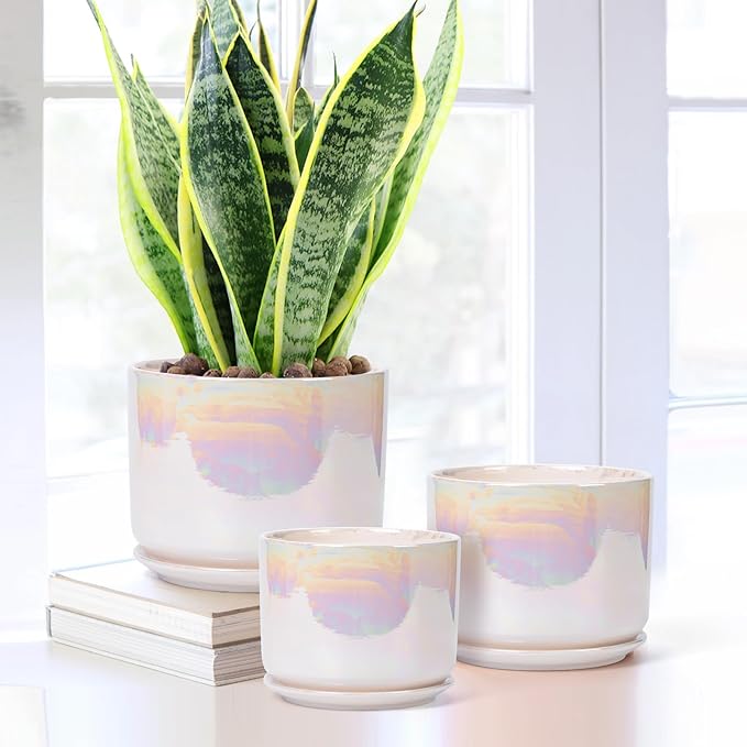 EFISPSS Plant Pots, 4+5+6 Inch Pots for Indoor Plants,Ceramic Planter Pot with Drainage Hole,Flower Pots for Succulent Cactus,Set of 3 - Rainbow Pearl Glaze