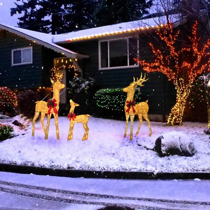 Hykolity 4.5 FT 3D Lighted Outdoor Christmas Deer Family Set, 3- Piece Christmas Reindeers with 230 Warm White LED Lights, Yard Decoration with Stakes, Zip Ties, Gold