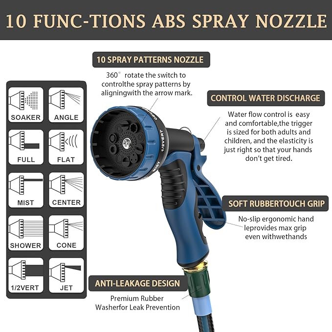 Heavy Duty Non-Expanding Garden Hose 100ft - Durable Reinforced Water Hose with Leak-Proof Construction ， Kink-Resistant, TPV material, 10-Function Spray Nozzle, 3/4" Connector & Portable Strap（100FT)