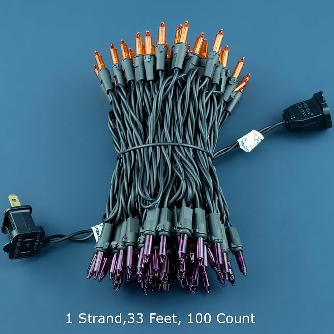 YULETIME 100 Count Orange & Purple Christmas Lights, 33 Feet Black Wire UL Certified Incandescent-Like LED Mini String Lights