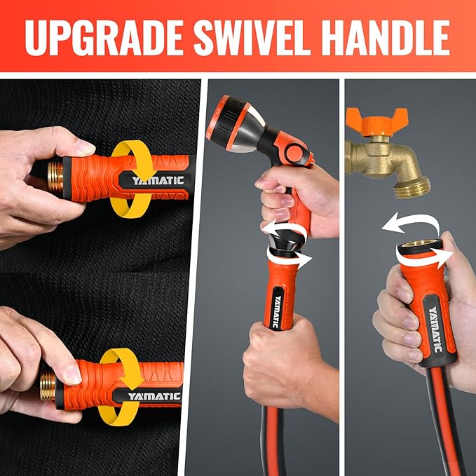 YAMATIC Garden Hose 100ft x 5/8in, Durable Water Hose with 10 Function Hose Nozzle, Swivel Handle, Kinkless, Leakproof, 3/4" Solid Brass Connections for Backyard Lawn Car Wash