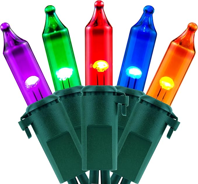 YULETIME 100 Count Multicolor Christmas Lights, 33 Feet Green Wire UL Certified Incandescent-Like LED Mini String Lights