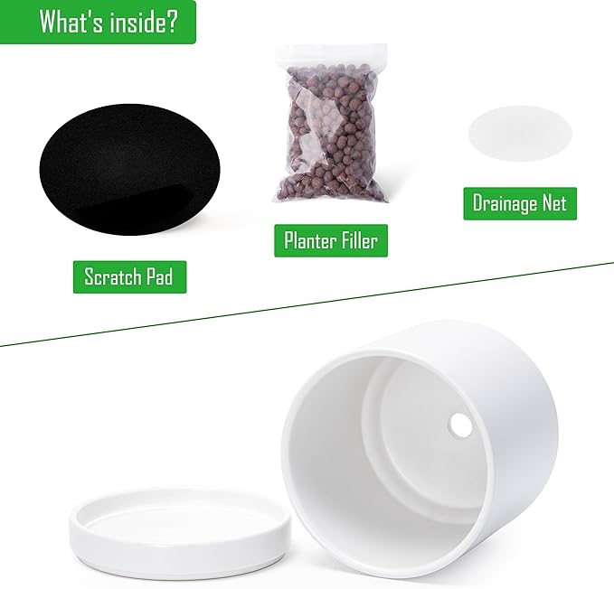 D'vine Dev 4.7 Inch & 6.5 Inch Ceramic Planter Pots for Plants with Drainage Hole and Saucer, Small Plant Pots Set, White, 94-G-S-1