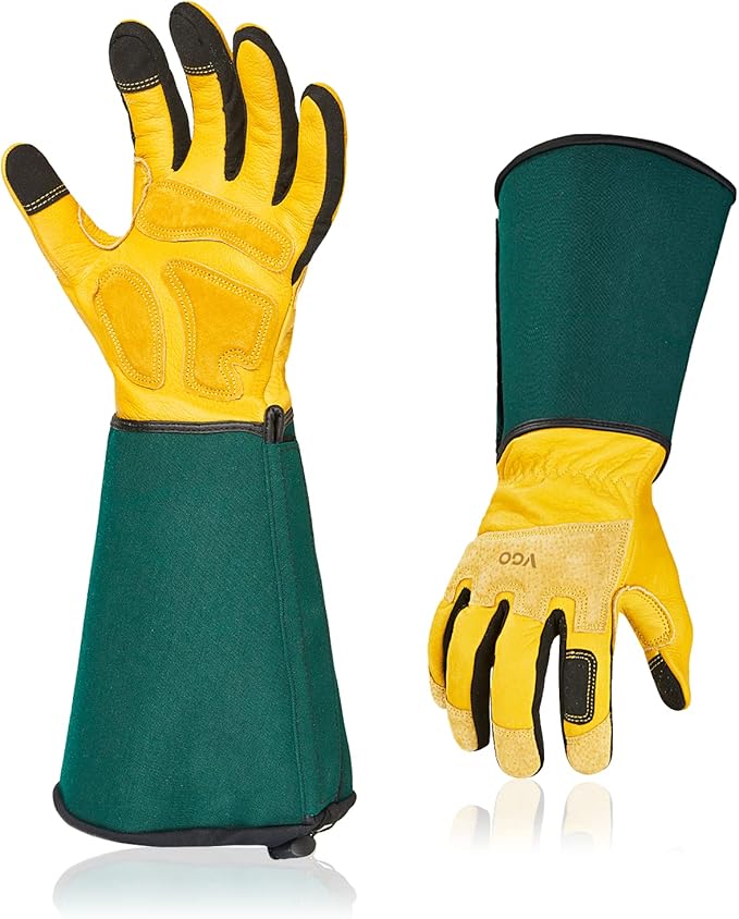 Vgo... Safety Work Gloves Men,Extra-long Cuff, Cow Grain Leather,Puncture-proof, Thornproof, Durability, Touchscreen,Gardening (1 Pair,Size M, Golden Green, CA7472)