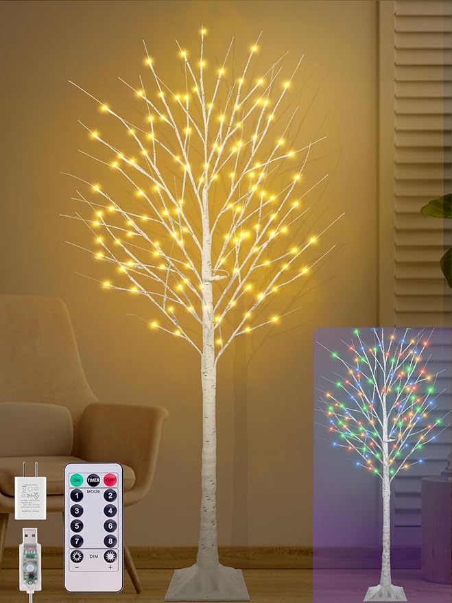 6FT Lighted Birch Tree with 130 LED Warm White and Multicolor Lights, 8 Modes, Timer Remote Faux Prelit Twig Christmas Tree with Lights for Indoor Outdoor Xmas Holiday Party Decoration