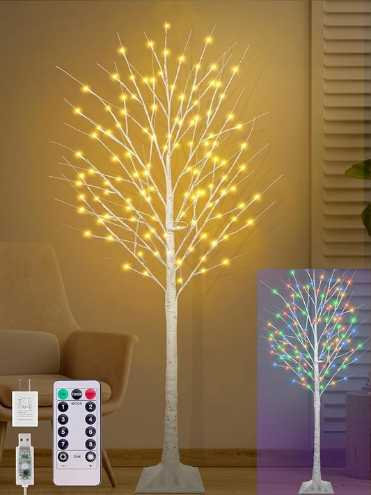 6FT Lighted Birch Tree with 130 LED Warm White and Multicolor Lights, 8 Modes, Timer Remote Faux Prelit Twig Christmas Tree with Lights for Indoor Outdoor Xmas Holiday Party Decoration
