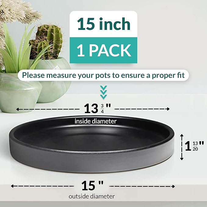 Heavy Duty Ceramic 14 Inch Planter Saucer - with Silicone Feet for Added Surface Protection - Scratch-Resistant Black Pot Saucers for Plants, for Pots 13.75" at the Base or Less, Black Plant Saucer