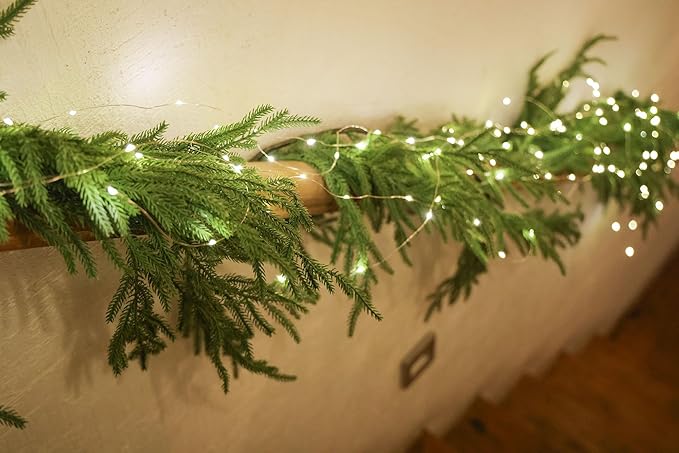 MISSPIN 6ft Christmas Garland with LED Lights, Real Touch Norfolk Pine Garland, Green Artificial Greenery Garland for Table, Mantle, String Light, Wall, Indoor, Outdoor Christmas Decorations