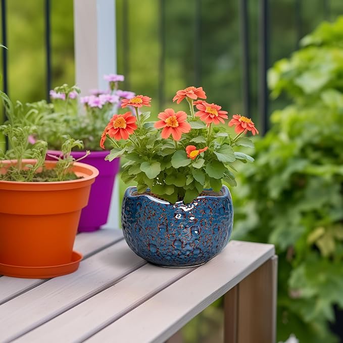 6 Inch Plant Pot - Ceramic Pots for Plants with Drainage Hole, Round Orchid Pot, Unique Planter for Indoor Outdoor, Modern Decorative Flower Pots, Room Decor, Plant Lovers Gifts, Retro Blue