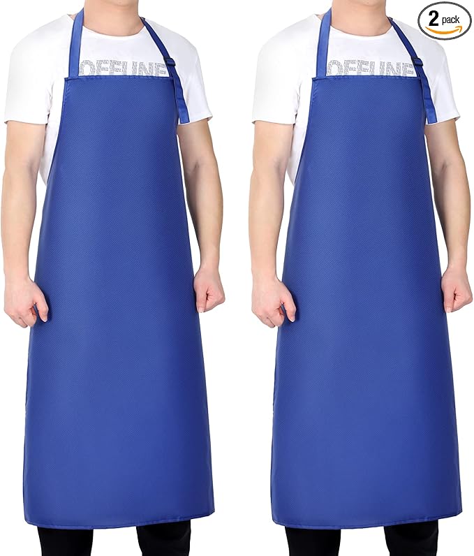 2 Pack Waterproof Rubber Vinyl Apron 40 Inch Light Duty Model Chemical Resistant Work Apron Clothes Durable Extra Long Black with Adjustable Bib Apron for Dishwashing Lab Work Butcher Cleaning Blue