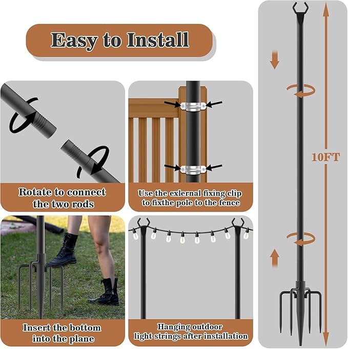 2 Pack String Light Poles,Metal Poles for Hanging Outdoor Light Strings,7 Pack 10 FT Light Poles Stand for Outside Garden,Patio,Wedding,Backyard,Deck,Party