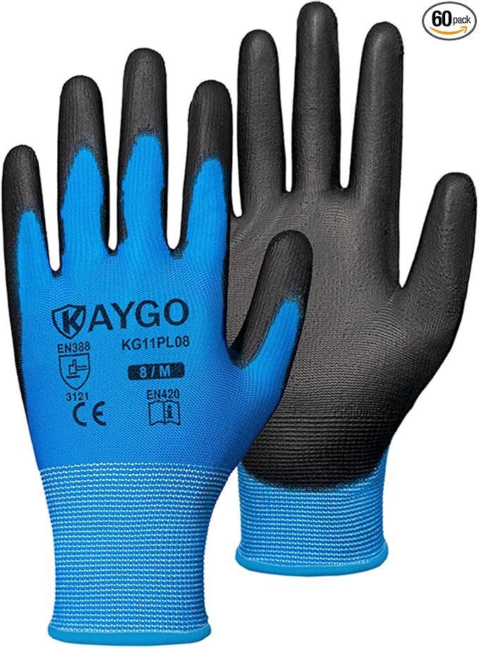 KAYGO Safety Work Gloves PU Coated-60 Pairs Seamless Knit Glove with Polyurethane Coated Smooth Grip on Palm & Fingers, for Men and Women, Ideal for General Duty Work, KG11PR (M,Blue)