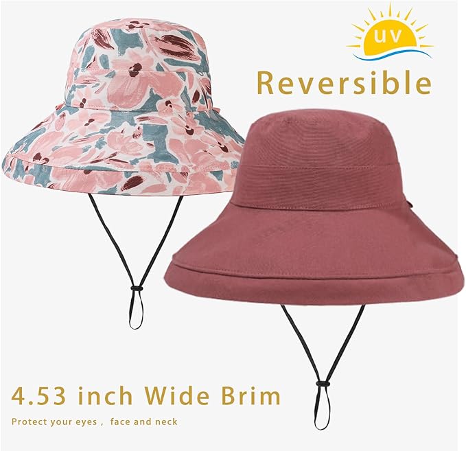 vidsel Womens Sun Hats Wide Brim Reversible Bucket Cotton Hat Packable Summer Travel Cap with Hat Clip,UV Protection
