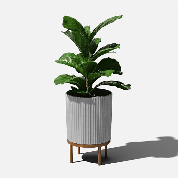 Veradek Demi Series Round Planter w/ Stand for Porch/Patio | Durable Plastic-Concrete & Wooden Stand | Modern Décor for Tall Plants, Flowers