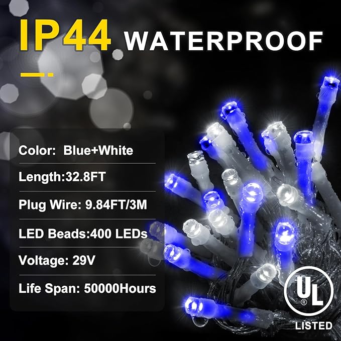 KNONEW Christmas Lights Outdoor Decorations 400 LED 33ft 8 Modes Curtain Fairy String Light with 75 Drops, Clear Wire LED String Light Indoor Decor for Wedding Party Christmas (Blue and White)