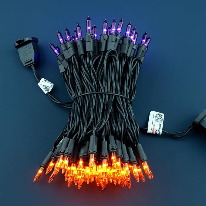YULETIME 100 Count Orange & Purple Christmas Lights, 33 Feet Black Wire UL Certified Incandescent-Like LED Mini String Lights