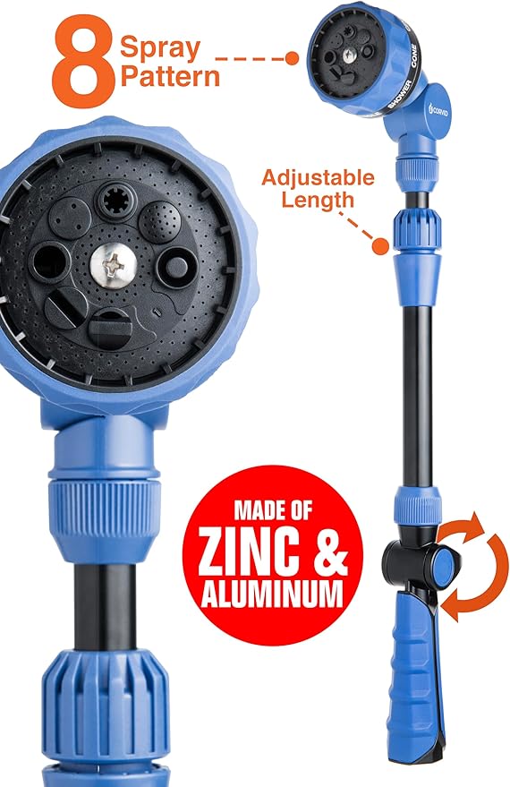 with Corvid Adjustable Thumb Control Garden Watering Wand, 19-24 Inch Telescoping Hose Nozzle 8 Spray Patterns, Heavy-Duty Zinc & Aluminum for Precise Watering and Cleaning