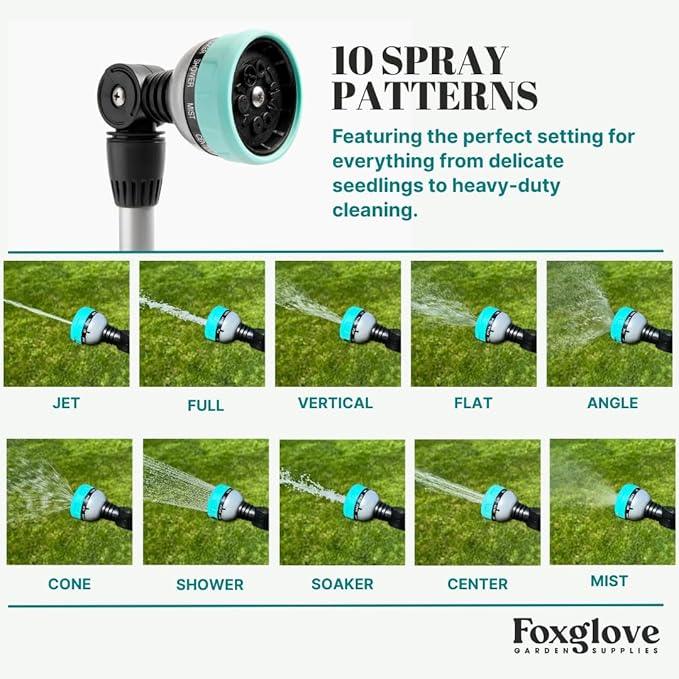 Foxglove Garden Hose Sprayer with 10 Spray Patterns. Adjustable Heavy Duty Hose Spray Nozzle with Flow Control. Ergonomic Handle for Watering Plants, Flowers and Lawns, Car, and Pet Washing.