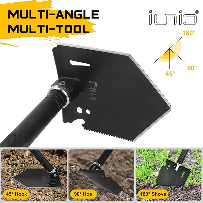 iunio Camping Shovel,Shovel Folding, Portable, Multitool, Foldable Entrenching Tool, Collapsible Spade, for Backpacking, Trenching, Hiking, Survival, Car Emergency